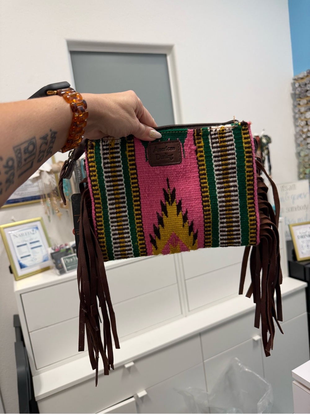 American Darling Pink Aztec Fringe Wristlet with Green, Yellow & Black Accents